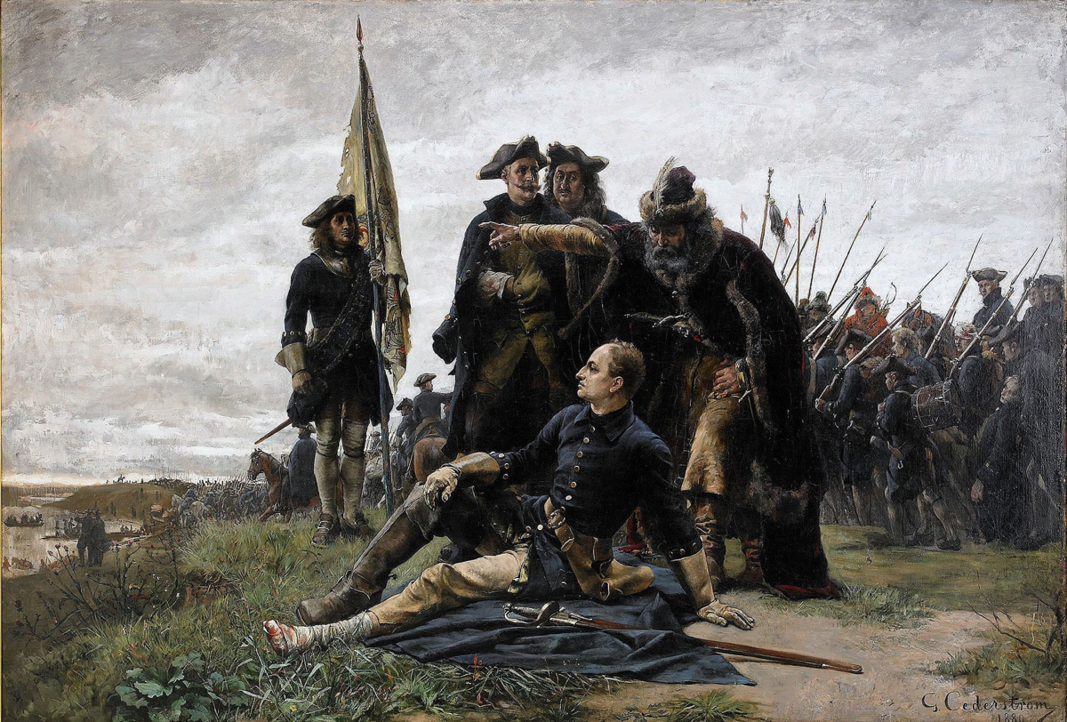 Иван Мазепа призывает Карла XII укрыться на другом берегу Днепра . Картина 1880-х годов изображает национально-романтическую интерпретацию исторического хода художника Густава Седерстрёма . 