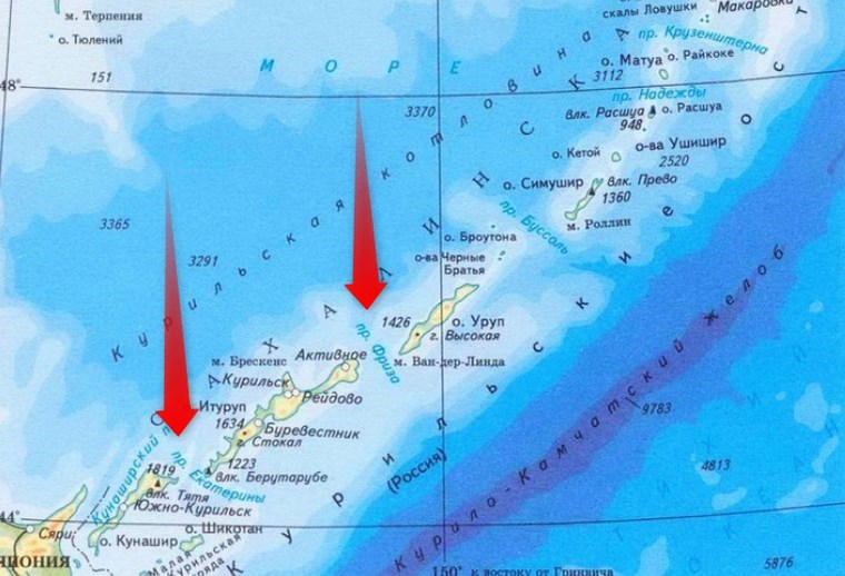Физическая карта курильских островов