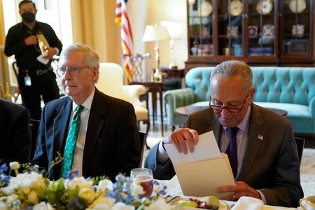 Senate Minority Leader Mitch McConnell (R-KY) and Senate Majority Leader Chuck Schumer (D-NY) attend a bipartisan meeting with Iraq's Prime Minister Mustafa Al-Kadhimi at the U.S. Capitol in Washington, U.S., July 28, 2021. REUTERS/Elizabeth Frantz 