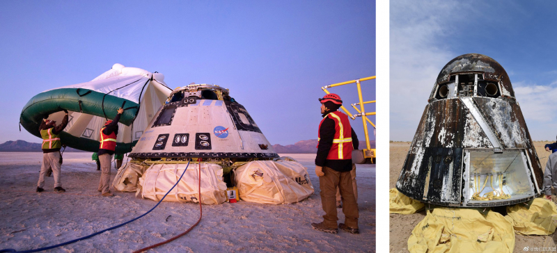 Мягкая посадка возвращаемого аппарата китайского перспективного пилотируемого корабля (на фото справа) обеспечивается надувными баллонами, как и у CST-100 Starliner компании Boeing (слева). Фото NASA (Bill Ingalls) и www.weibo.com