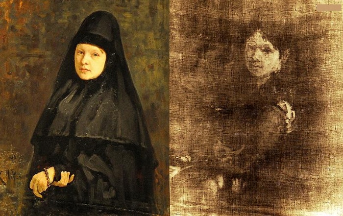 И.Е.Репин. <br>«Монахиня» 1878 г. и ее рентгенограмма. И.Е.Репин. <br>«Монахиня» 1878 г. и ее рентгенограмма.