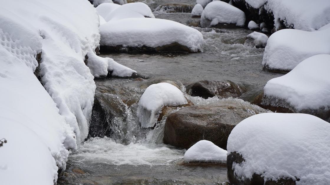 Вода в реке течет между заснеженных камней