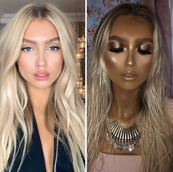 блондинка с длинными волосами до и после макияжа