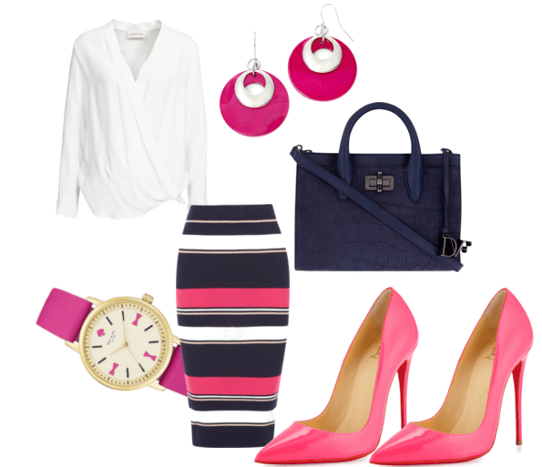 Юбка-карандаш, белая рубашка, розовые туфли-лодочки на шпильках, тёмно-синяя сумка, серьги, часы