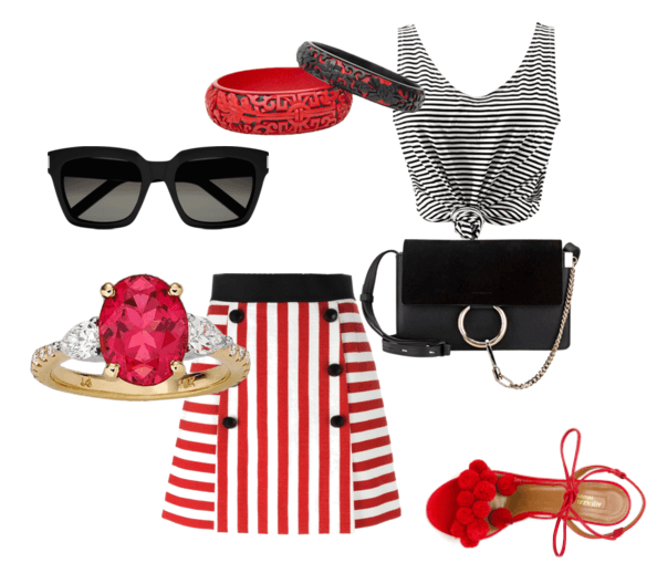 Юбка в красную полоску, топ в чёрную и белую полоску, сумочка-клатч, босоножки с бубонами, браслеты, очки, кольцо