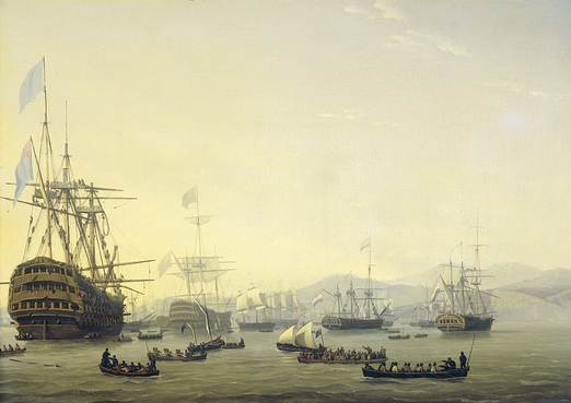 Krijgsraad aan boord van de 'Queen Charlotte' van Lord Exmouth voor het bombardement op Algiers, 26 augustus 1816