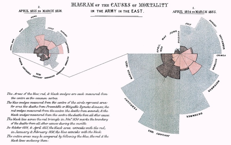 Florence Nightingale's most famous infographic, comparing causes of mortality for British soldiers in the Crimean War.