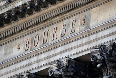 The word Bourse is seen on the facade of the Palais Brongniart, former Paris Stock Exchange, located Place de la Bourse in Paris, France, August 6, 2018. REUTERS/Regis Duvignau