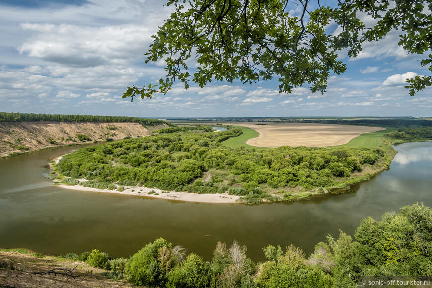 Противоположный берег пологий и низменный, поросший по берегу кустарником.

