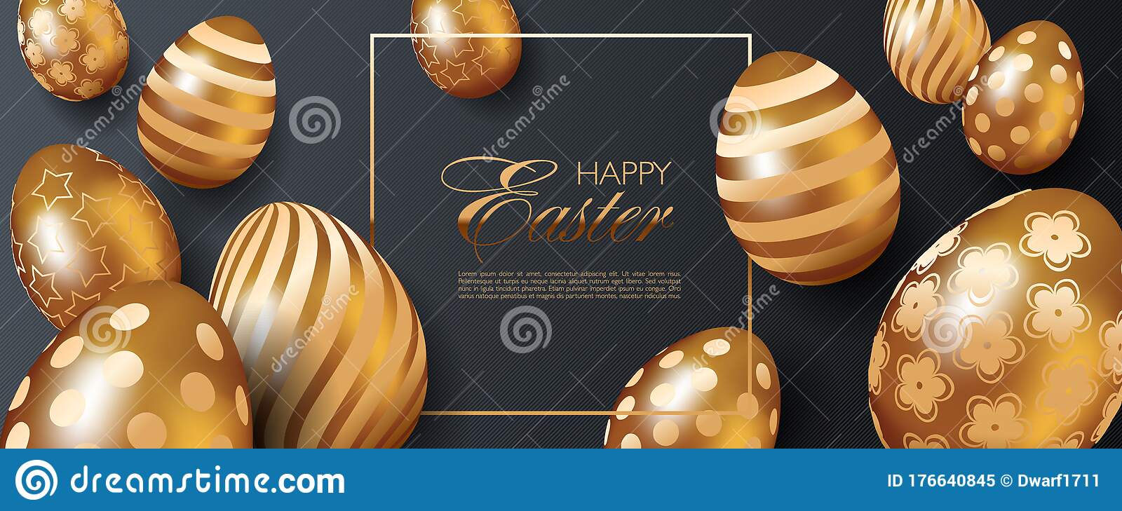 Luxury Happy Easter website header or banner template with realistic 3D golden eggs on black striped background 