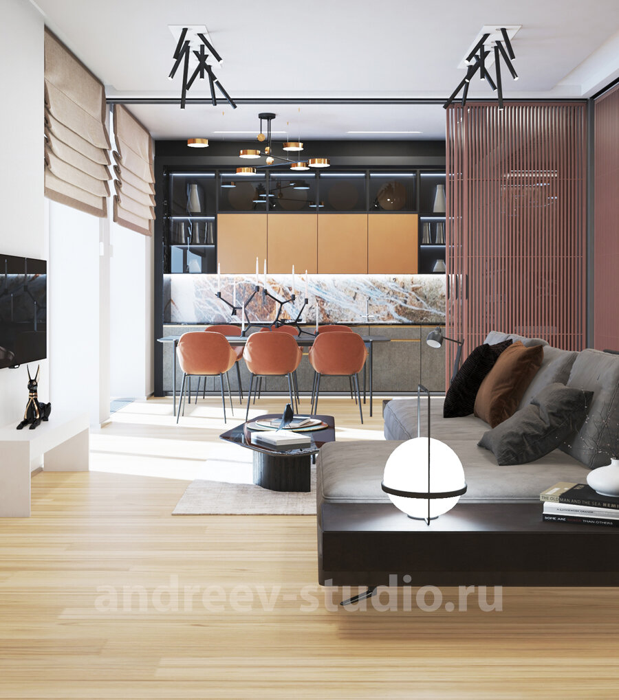 3Д фотография из проекта квартиры-студии. Дизайнеры интерьеров Андрей и Екатерина Андреевы.