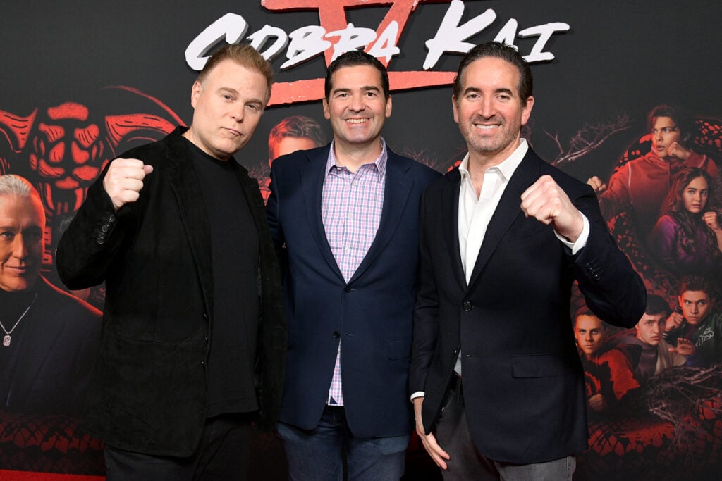 LOS ANGELES, CALIFORNIA - MARCH 25: (L-R) Josh Heald, Jon Hurwitz and Hayden Schlossberg attend Netflix's "Cobra Kai" LA Screening at Netflix Tudum Theater on March 25, 2023 in Los Angeles, California. (Photo by Charley Gallay/Getty Images for Netflix)