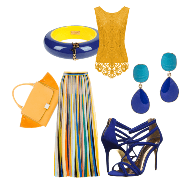Макси-юбка с разноцветными полосами, оранжевая блузка, синие босоножки, сумочка, серьги, браслет