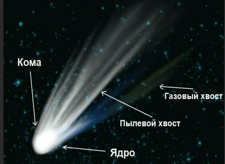 Схема строения кометы. Кометная кома это облако из пыли и газа окружающее кометное ядро.  