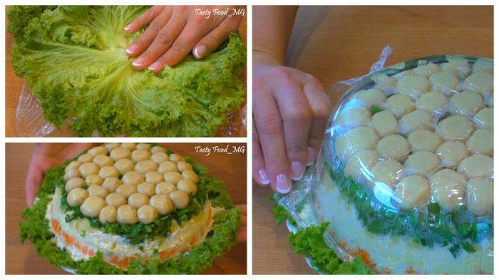 Слоеный салат "Грибная поляна" салат грибная поляна, слоеный салат, салат, марьяна вкусная еда, видео, видео рецепт, рецепт, длиннопост