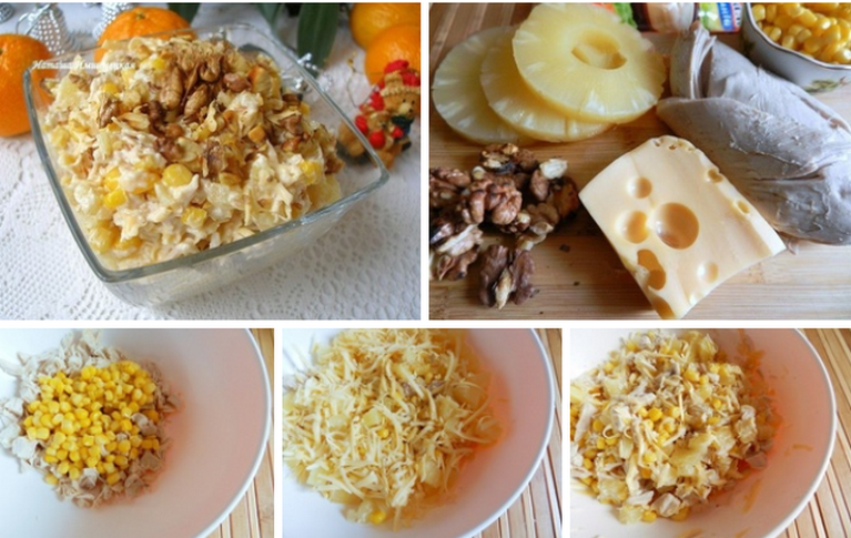 Салат с курицей, сыром и ананасом