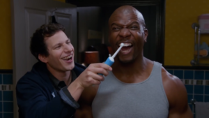 Brooklyn Nine-Nine's Det. Jake Peralta (Andy Samberg) takes care of Lt. Terry Jeffords (Terry Crews) after his paused vasectomy.