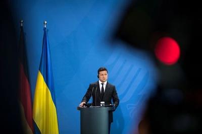 Ukrainian President Volodymyr Zelenskiy gives statements ahead of talks at the Chancellery in Berlin, Germany July 12, 2021. Stefanie Loos/ Pool via REUTERS