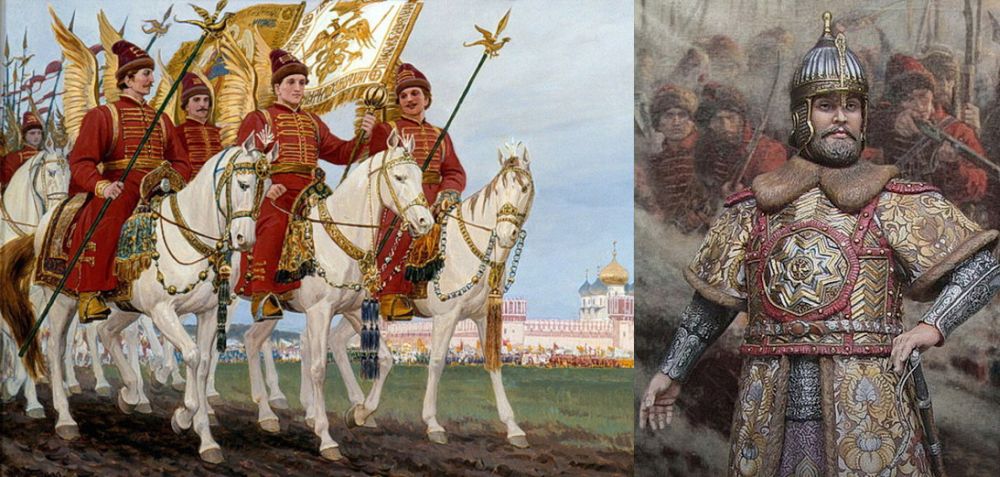 Слева – Государево войско. Жильцы (дворянская конница, прообраз будущей гвардии); справа – царь Алексей Михайлович в ратных доспехах