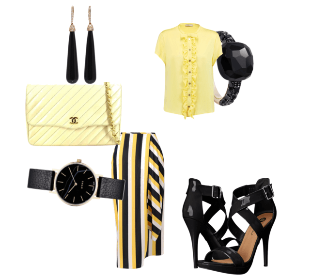 Юбка с ассиметричным подолом, блузка лимонного цвета, босоножки на каблуках, сумочка-клатч, серьги, часы, кольцо