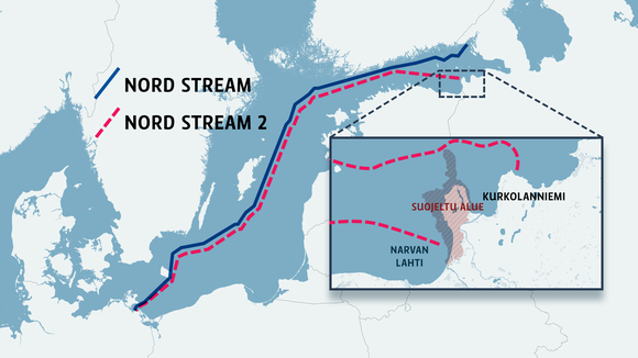 Karttagrafiikka Nord Stream -kaasuputkien reiteistä.