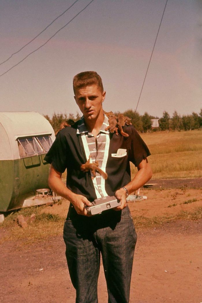 My Grandfather In 1958 With His Fresh New Haircut And 5 Pet Flying Squirrels