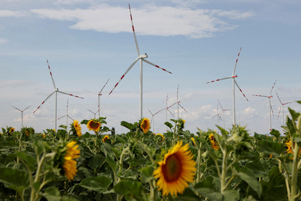 A view of power-generating windmill turbines at a wind park near Parndorf, Austria on July 13, 2023. (Photo by Leonhard Foeger/Reuters)