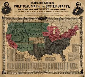 Карта 1856 года. Серые – аграрии-рабовладельцы, розовые – свободные промышленные и фермерские штаты, зелёные – Территории с неопределённым статусом по «рабскому вопросу», белый – Канзас. 