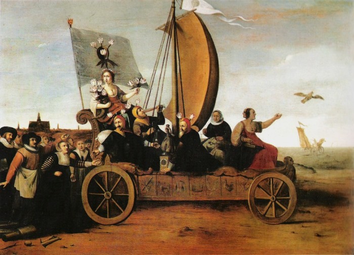 Гендрик Пот, «Колесница Флоры», (около 1640 года). Аллегорическая картина, высмеивающая простаков-спекулянтов. Повозка с богиней цветов и её спутниками в шутовских колпаках с тюльпанами катится под уклон в пучины моря. За ней бредут ремесленники, забросившие орудия своего труда в погоне за лёгкими деньгами