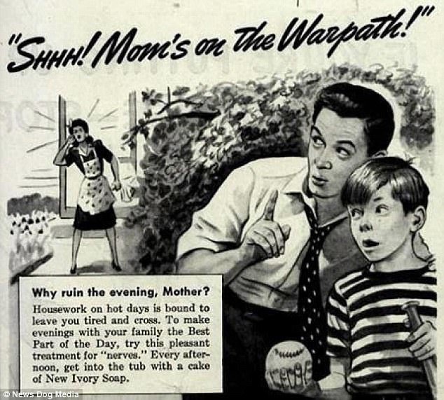 "Тихо" Мама вышла на тропу войны!" Реклама мыла New Ivory Soap, предлагающая лечить "нервы" истеричных домохозяек горячей ванной с пеной, 1940-е гг. 20 век, Гендерное, Маркетинговые хитрости, маркетинговый ход, мужчины и женщины, реклама, рекламные объявления, ретро