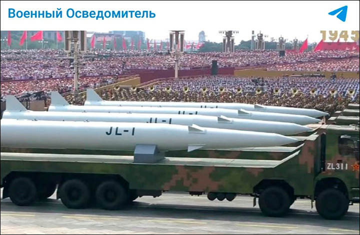    Внешний вид ракет "Цзинлэй-1" на параде в Китае//Скриншот страницы с ТГ-канала "Военный осведомитель"