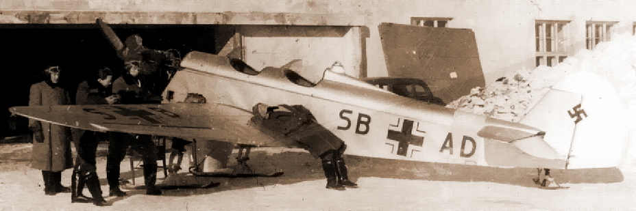 PTO-4 (эстонский учебно-тренировочный аппарат 30-х годов) из «зондерштаффеля Бушмана». Самолёт сохранил оригинальную серебристую окраску, получив немецкие опознавательные знаки, «заводские» бортовые коды и жёлтые элементы быстрого опознавания восточного фронта - Цвета военного неба: прибалтийское наследство | Военно-исторический портал Warspot.ru