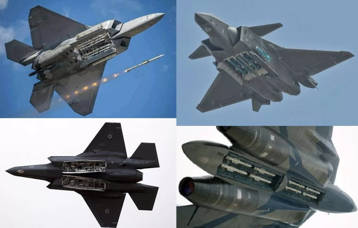Оружейные отсеки всех действующих самолётов "пятого поколения". F-22 J-20 F-35 и Су-57 соттветственно. Коллаж The Drive