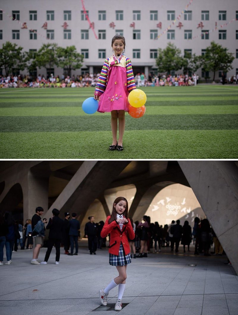 Верхнее фото — 9-летняя девочка позирует для портрета после выступления на празднике в Пхеньяне, посвященном Всемирному дню ребенка. Внизу — 10-летняя девочка после выступления на Неделе моды в Сеуле кндр, люди, северная корея, сравнение, страны, южная корея