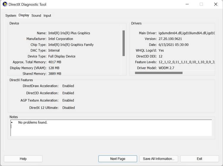 The DirectX Diagnostic Tool window in Windows 11.