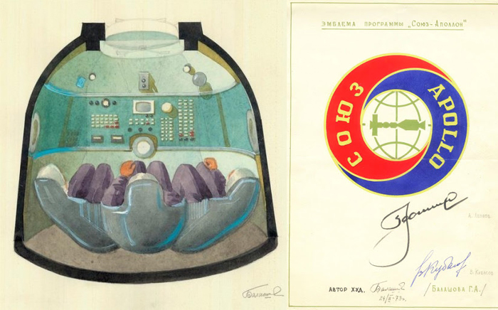 Слева - эскиз орбитального отсека космического корабля Союз. Справа - эмблема программы.