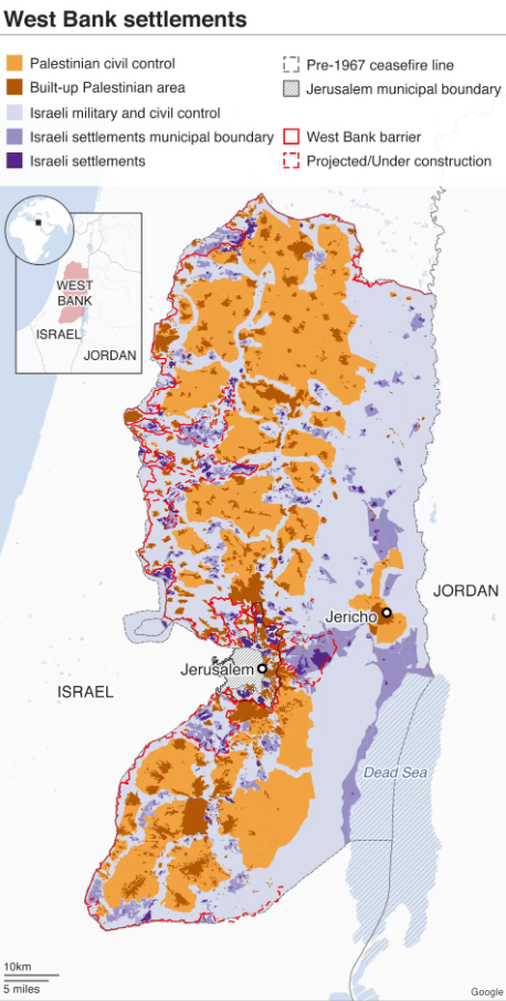 Тёмно-фиолетовым цветом обозначены незаконные еврейские поселения на Западном берегу реки Иордан и земли, принадлежащие этим поселениям.