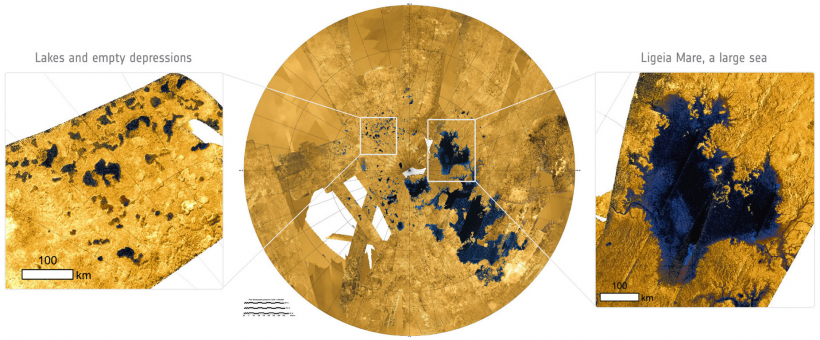Озера и моря на Титане / Изображение: USGS/ASI/JPL-Caltech/NASA
