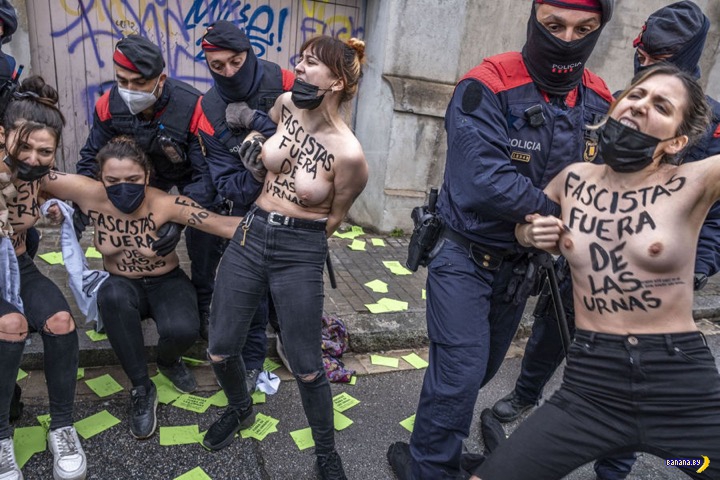Испанский филиал FEMEN Испанский филиал FEMEN движения, Каталонии, скрутили, минуту, девушек, которые, мужиков, суровых, крепких, прислали, десятка, робкого, оказалась, полиция, испанская, отметить, выборов, FEMEN, поводу, чтото