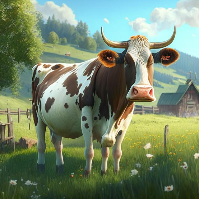 Корова на лугу на фоне деревни. Нейросеть Kandinsky 2.1.