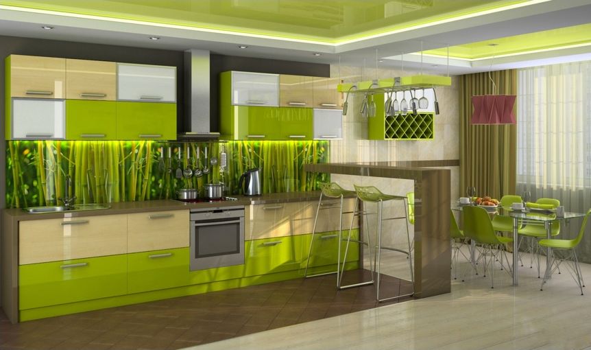 Дизайн кухни в салатовом цвете – царство зеленых оттенков