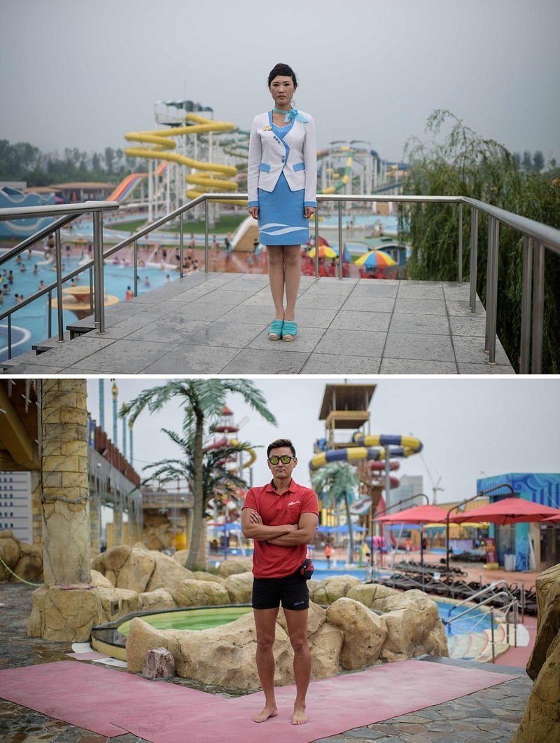 Вверху — портрет девушки в водном парке Мансу в Пхеньяне, внизу — портрет спасателя в водном парке в Илсан-гу, Южная Корея кндр, люди, северная корея, сравнение, страны, южная корея
