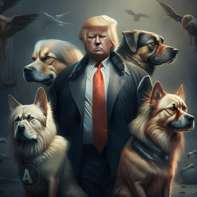 Трамп с собаками. Нейросеть Kandinsky 2.1.