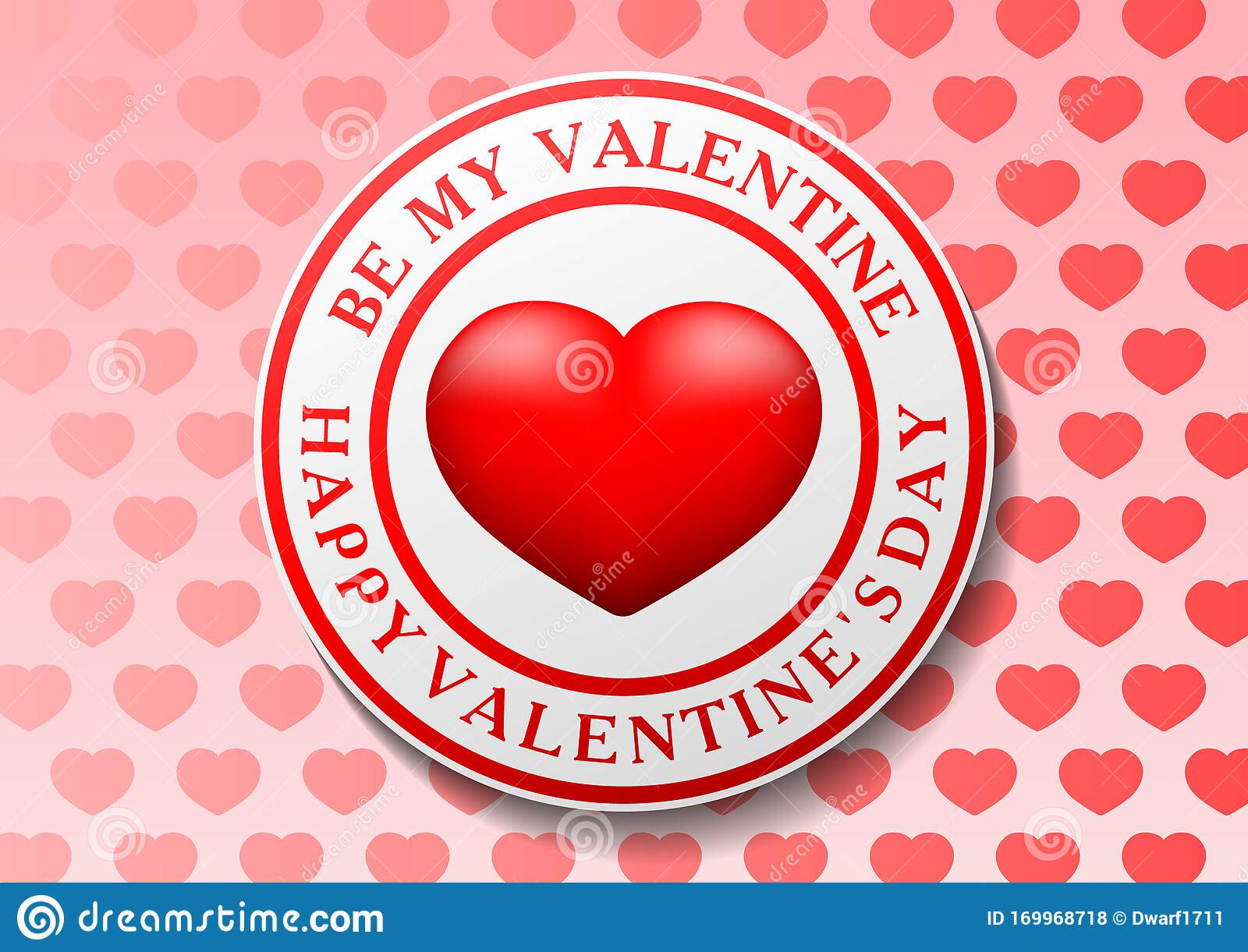 Be My Valentine and Happy Valentines Day text around red heart in ring on pink hearts background. Cute card, banner, flyer, poster, voucher or greeting card template. 