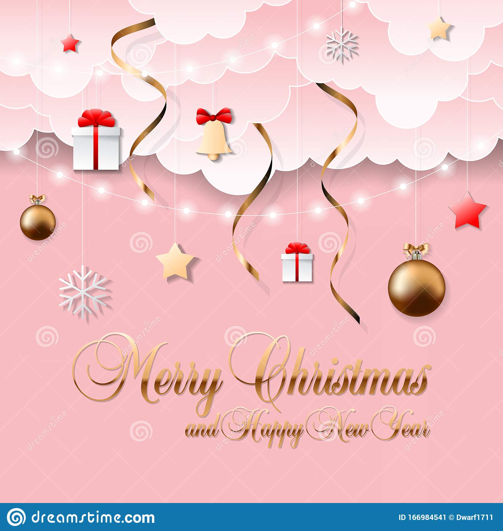 Light pink square vector template of banner or social media Merry Christmas and Happy New Year post. Clouds, gifts, bells, serpentine, snowflakes, stars and balls.