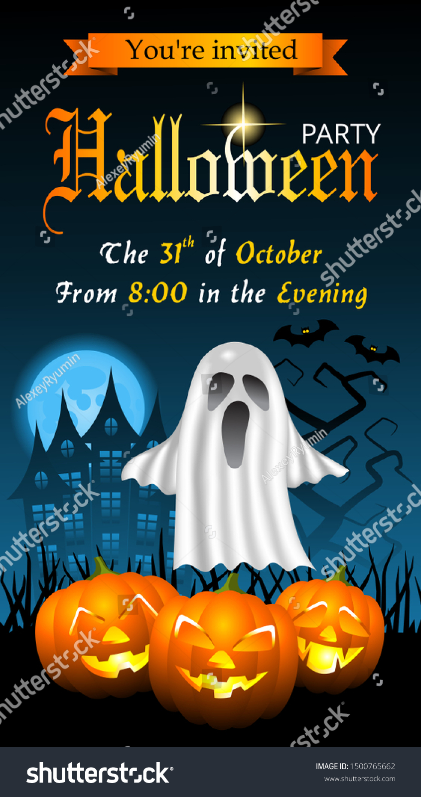 Halloween party invitation instagram stories template with ghost, haunted house, scary pumpkins, bats, ugly trees and full moon.