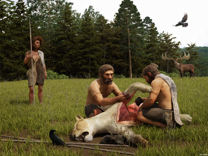 Неандертальцы из Зигсдорфа разделывают пещерного льва, убитого деревянным копьем