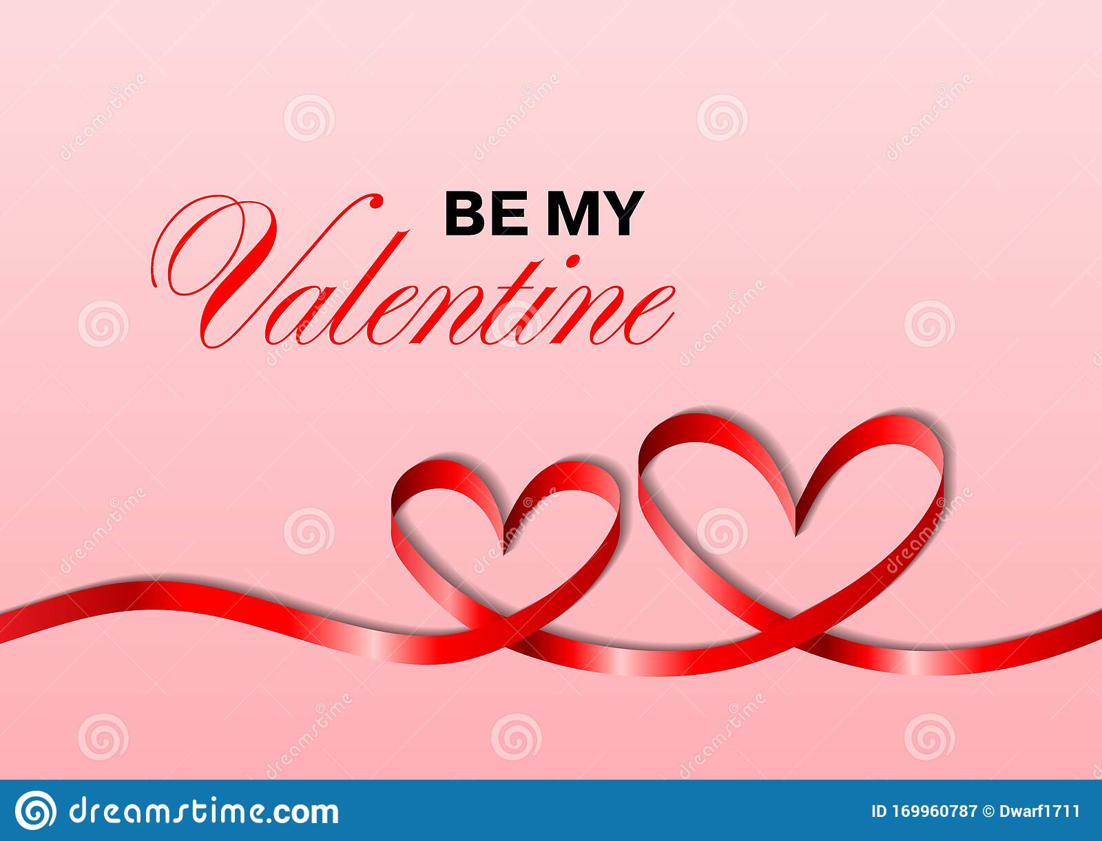 Be My Valentine banner, flyer, poster, voucher, greeting or invitation card template. Two hearts from red ribbon on pink background. 