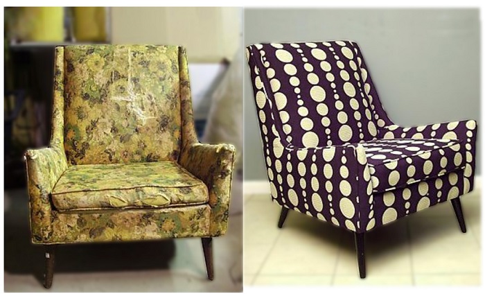 Кресло до и после смены обивки. / Фото: km9.in.ua