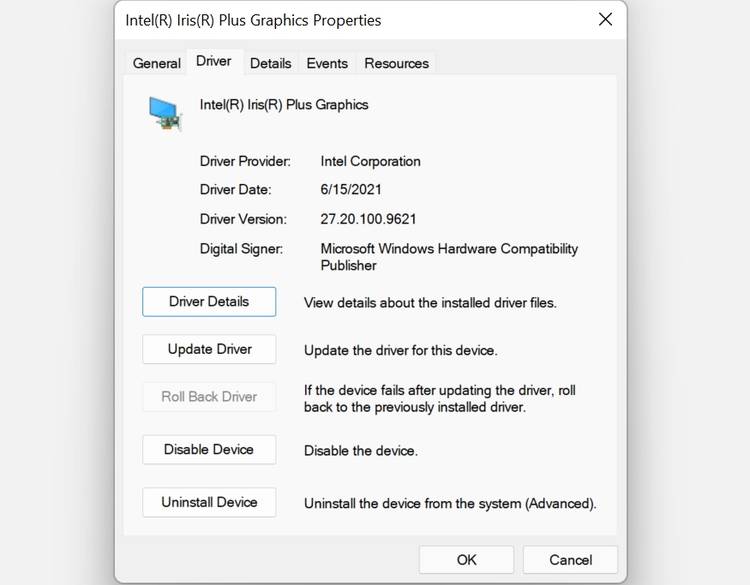 Driver properties window in Windows 11.